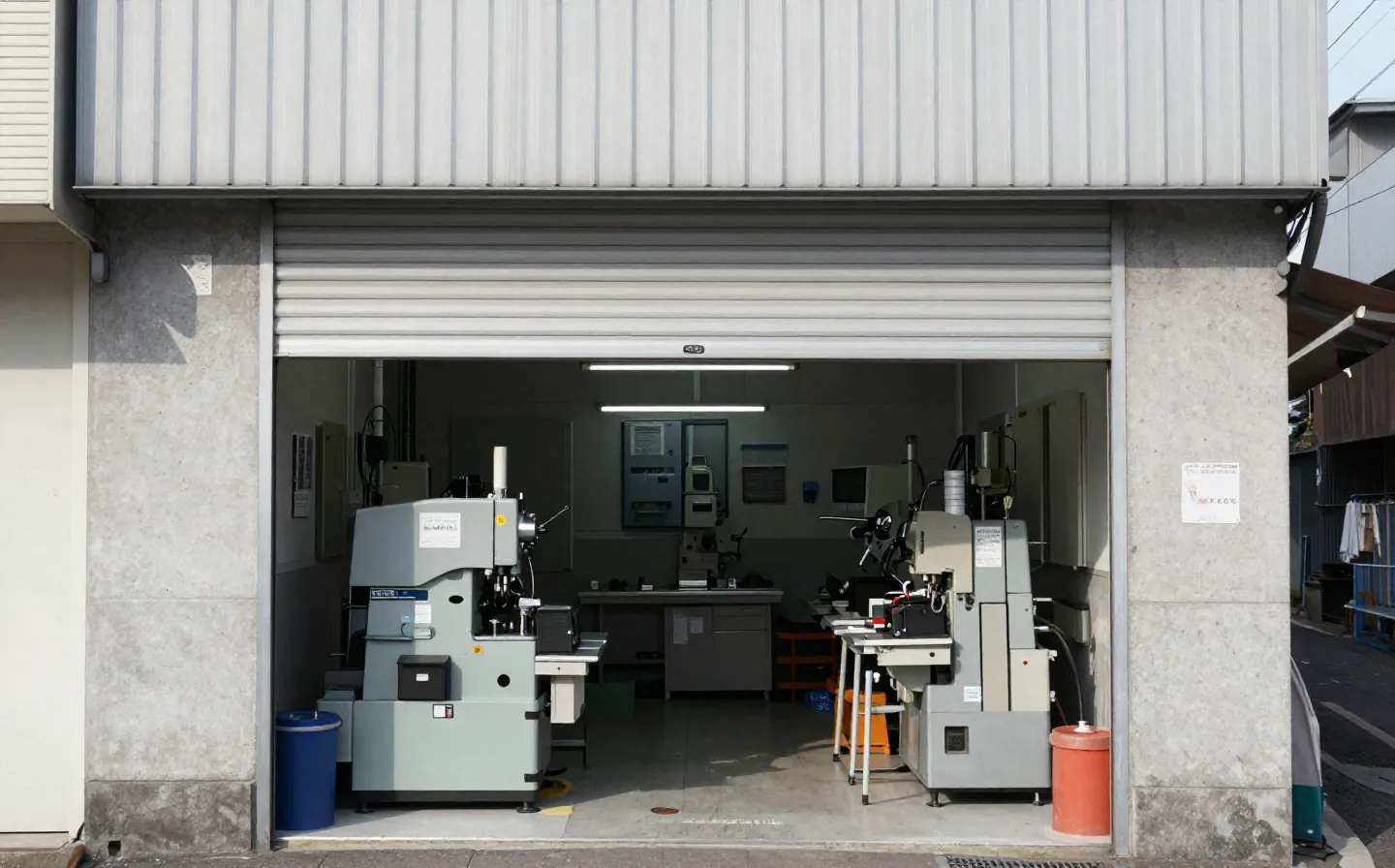 大田区の小さな町工場の外観。シャッターが半分開き、中の機械が見える。自主制作サンプル用に生成したイメージ