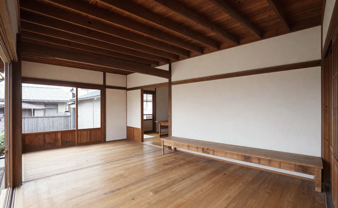 中庭につながる木造住宅の居間。天井は木、壁は左官仕上げ。自主制作サンプル用に生成したイメージ