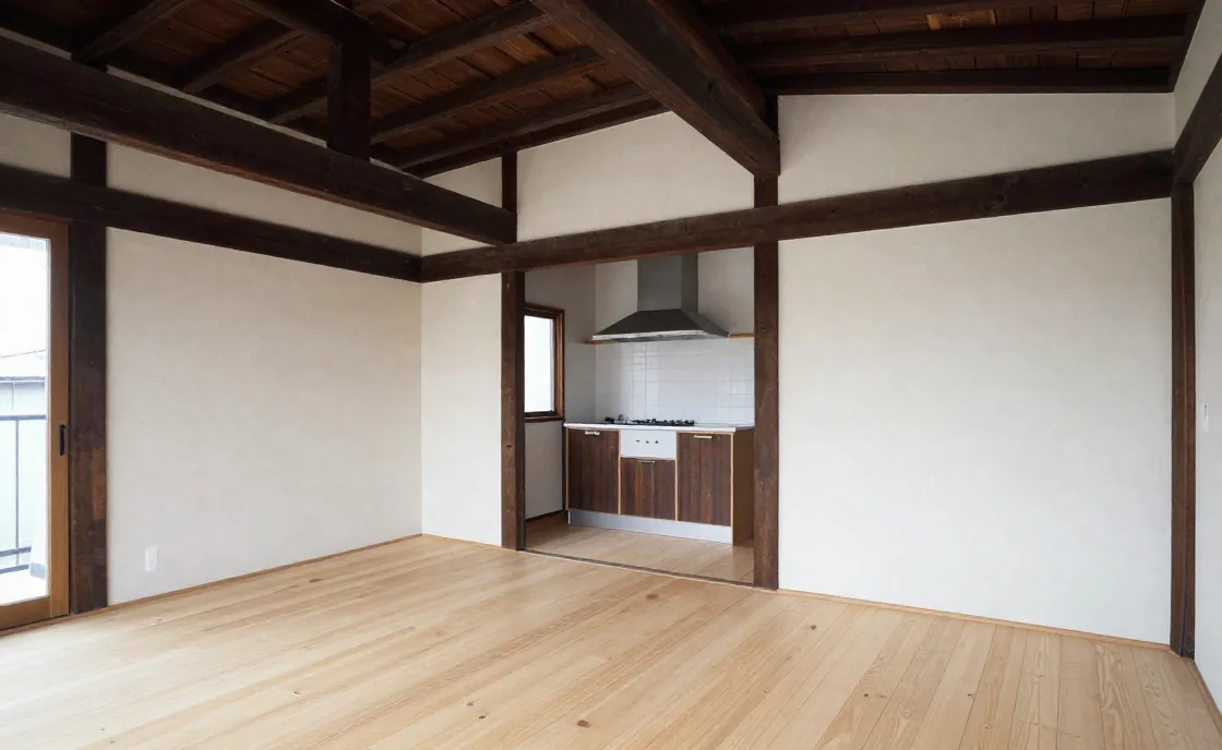 既存の黒い梁を見せたまま改修した住宅の室内。自主制作サンプル用に生成したイメージ