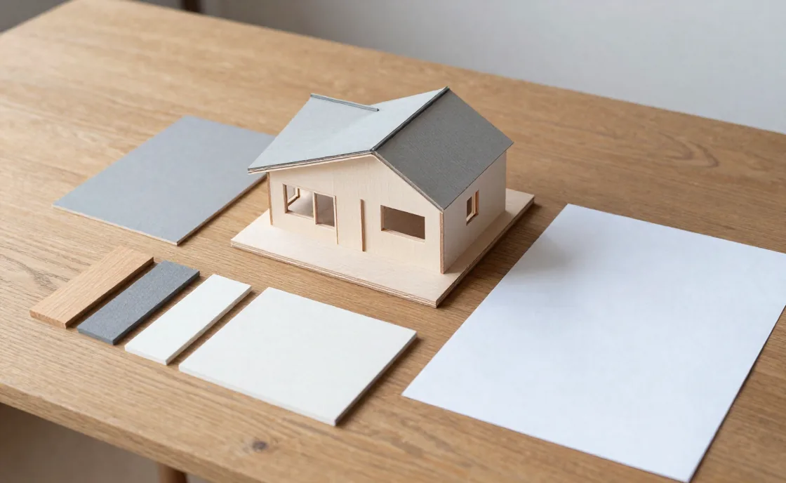 住宅の模型と、木や左官の素材見本を作業台に並べた様子。自主制作サンプル用に生成したイメージ